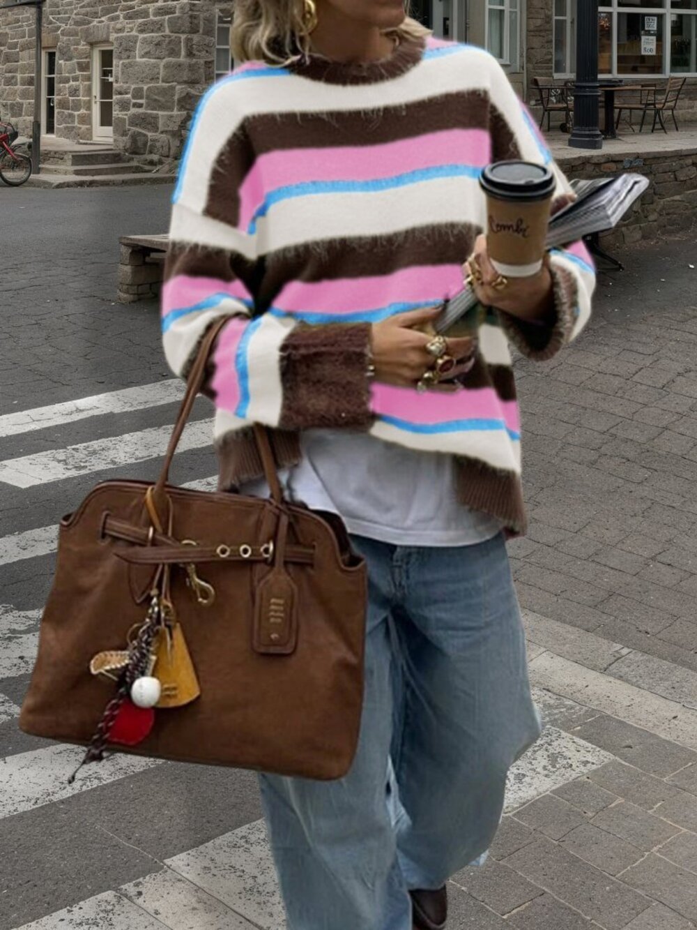 Pink Casual Women's Lazy Round Neck Striped Long Sleeve Sweater - Picture 1 of 7